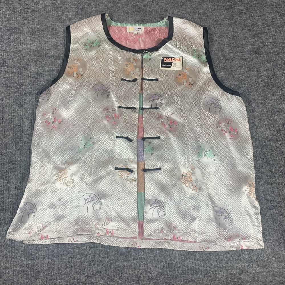 VTG Esme China Top Womens Extra Large‎ XL Gray Silver Sleeveless Blouse Oriental
